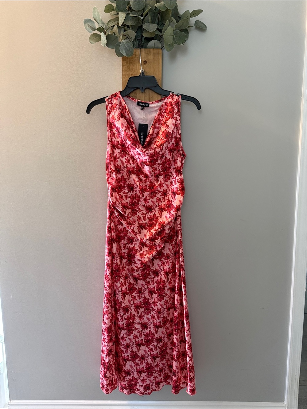 Bebe Red Floral Satin Maxi Dress, NWTS